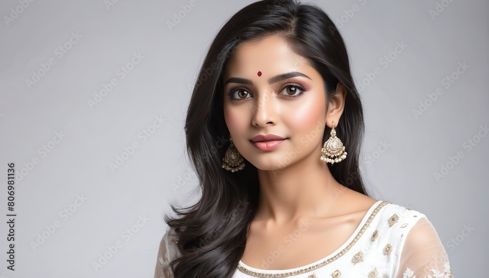 attractive beautiful indian female model studio portrait on plain white background from Generative AI attractive beautiful indian female model studio portrait on plain white background from Generative AI