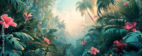 Tropical jungle exotic background illustration with lush foliage, vivid flowers, and wildlife in a serene setting