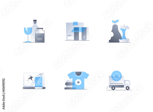 Spoiled products and things - flat design style icons set. High quality colorful images of broken glass, garbage, boxes, fruit cores, broken gadget, old clothes, truck for transportation idea © Boyko.Pictures