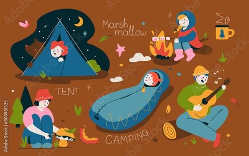 Tourism and camping - modern flat design style illustration. Images of boys and girls gathering mushrooms, resting in a sleeping bag, roasting marshmallows, playing guitar, hiding in a tent © Boyko.Pictures