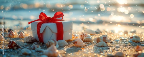 Gift box with a red ribbon on the beach, surrounded by shells and sparkling sand, perfect for holiday surprises photo