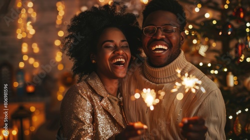 Couple Celebrating with Sparklers photo