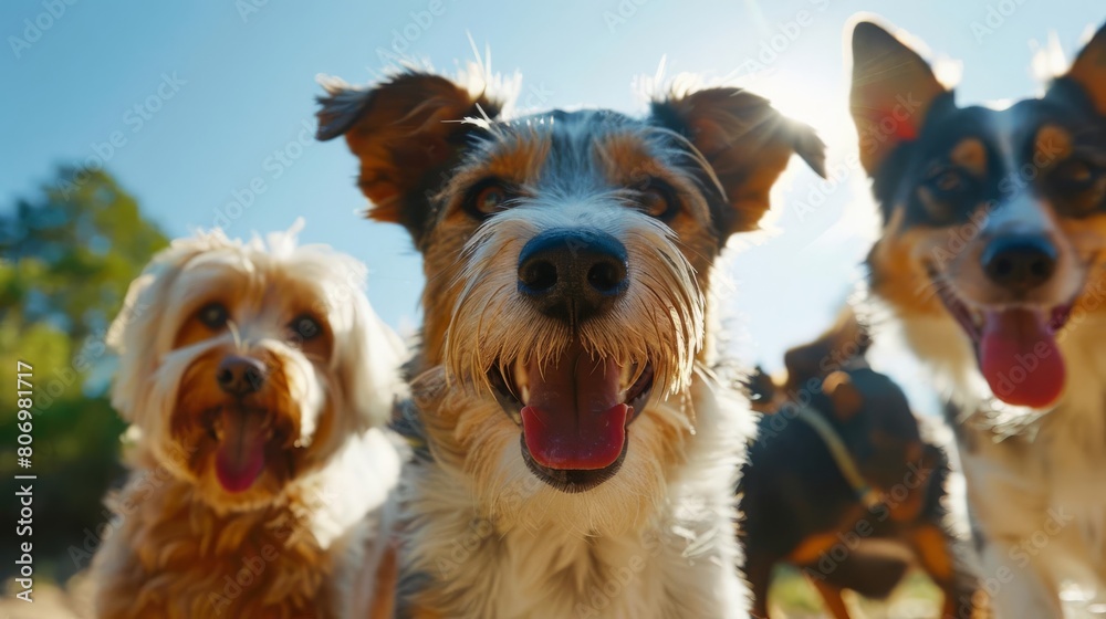 Capture a dynamic low-angle perspective of enthusiastic dogs panting joyfully post-activity Highlight their textured fur