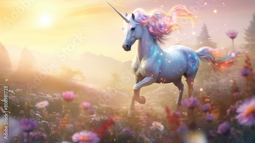 Whimsical unicorn meadow watercolor illustration - Generative AI. Unicorn, horn, colorful, flower, meadow.