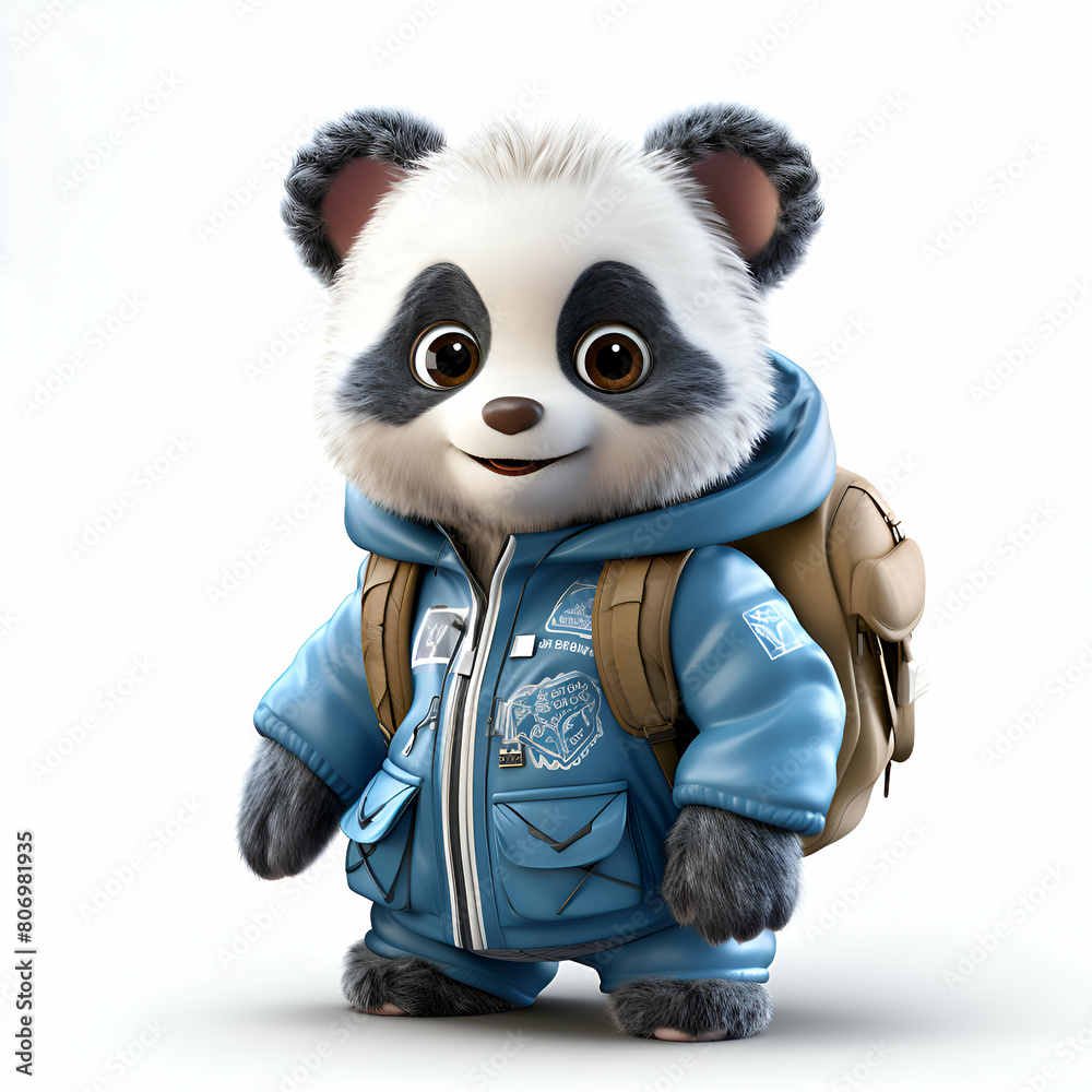 3D Render of a cute panda wearing a jacket and backpack