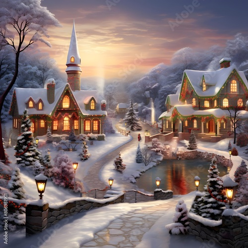Winter landscape with christmas trees and houses. 3D rendering. © Michelle
