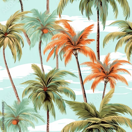 Turquoise and Orange Palm Tree Seamless Illustration