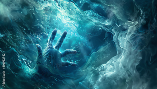 Illustrate a close-up of a ghostly translucent hand mysteriously reaching from the depths of a shipwreck photo
