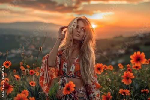 woman field flowers at sunset