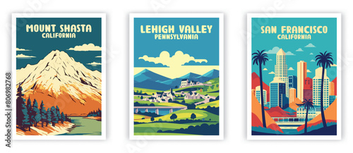 Mount Shasta, Lehigh Valley, San Francisco Illustration Art. Travel Poster Wall Art. Minimalist Vector art