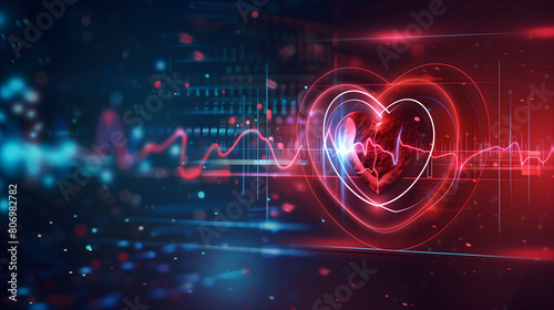 background with glowing lights, heartbeat rhythm hologram and heart icon