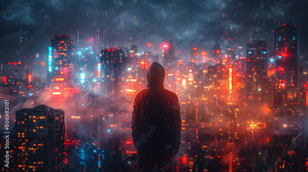 a man looking outside down from a building glass wall, a city view at night with lights on cloudy high rise buildings at night a man looking outside down from a building glass wall, a city view at night with lights on cloudy high rise buildings at night
