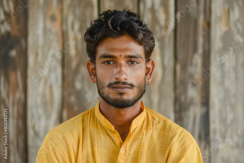 Portrait of a pleasant looking man of Indian origin against a wooden background