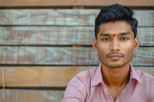 Portrait of a pleasant looking man of Indian origin against a wooden background