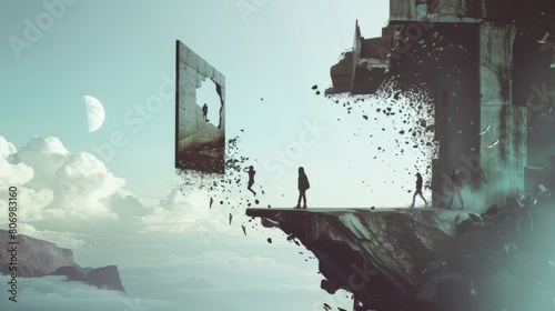 Creative visualization poster with pieces of a foreign landscape and its people defying gravity, set against a clean, uncluttered background for dramatic effect photo