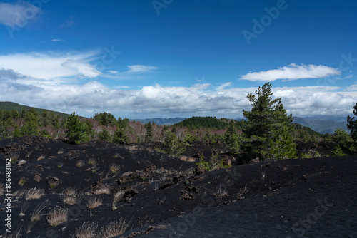 Volcano Etna mountain landscape with black lava, Sicily, Italy