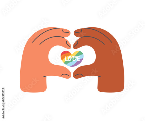 Hands making heart shape with rainbow heart sign inside. Pride month. Flat cartoon style vector illustration isolated on white background