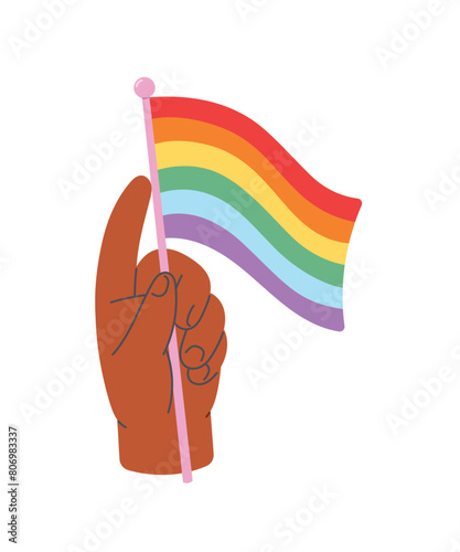 Hand holding rainbow flag. Pride month. Flat cartoon style vector illustration isolated on white background