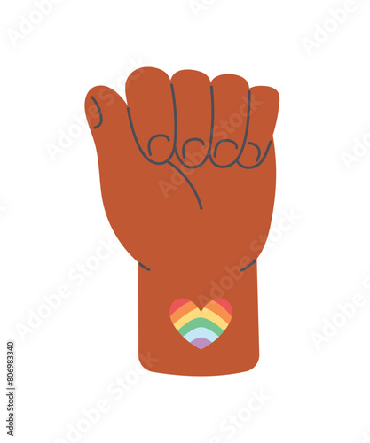 Raise one hand and make a fist with rainbow heart shape sticker. Pride month. Flat cartoon style vector illustration isolated on white background