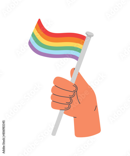 Hand holding rainbow flag. Pride month. Flat cartoon style vector illustration isolated on white background