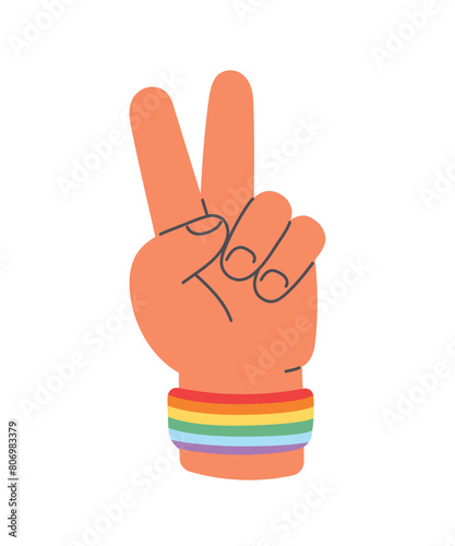 Hand gesture V sign for peace with rainbow wristband. Pride month. Flat cartoon style vector illustration isolated on white background