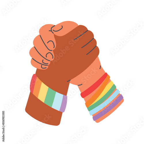 Hold hands together with rainbow wristband. Pride month. Flat cartoon style vector illustration isolated on white background