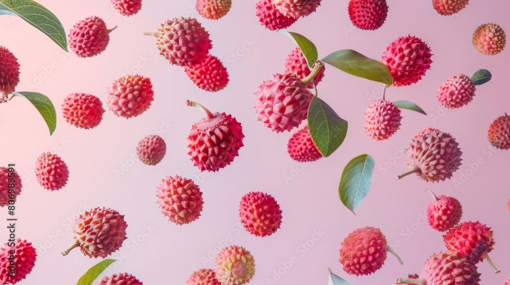 Creative visualization poster with lychee pieces defying gravity, set against a clean, uncluttered background for dramatic visual impact Creative visualization poster with lychee pieces defying gravity, set against a clean, uncluttered background for dramatic visual impact