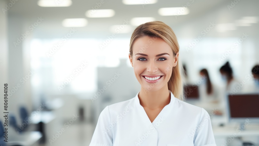 Fototapeta premium Young smiling female dentist on blured dental clinic
