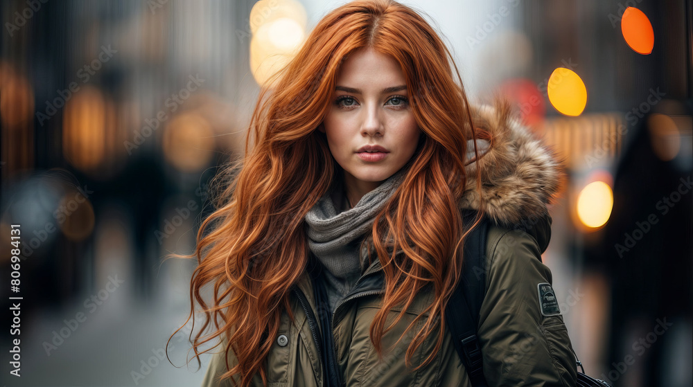 portrait of a woman with red hair in the city created with Generative AI technology