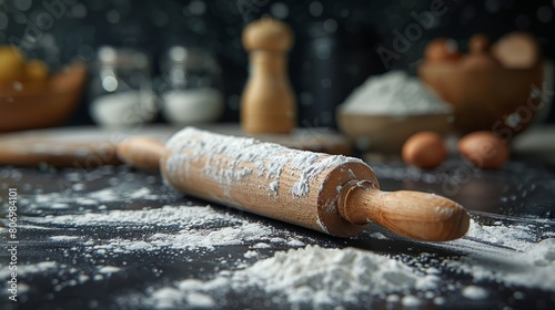 Vintage rolling pin on a flour-dusted black surface, ready for baking, set in a rustic kitchen environment.