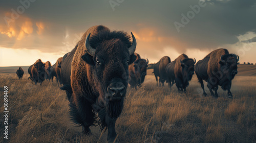 A herd of bison moves across the prairie in the golden light of dusk photo