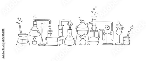 Science laboratory with chemistry equipment for tests and experiments. Medical, scientific or pharmacy lab with glass beakers, tubes and pipelines, vector doodle illustration