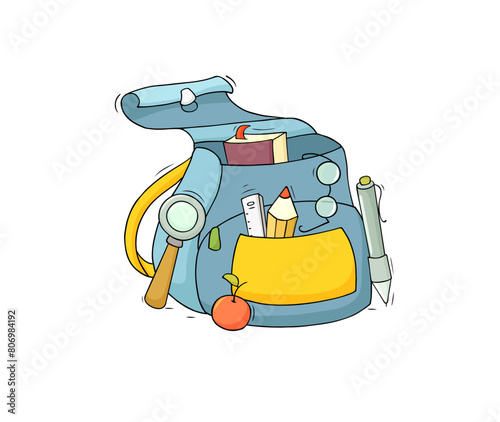 School backpack, books, pencil and study supplies. Vector hand drawn illustration of doodle stationery in open school bag. Education, study concept