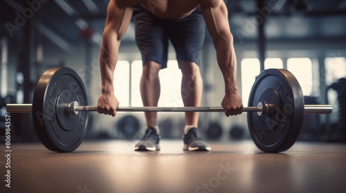 Man hands performing deadlifts in fitness training on gym blured background