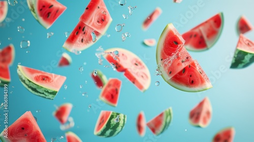 Creative visualization poster with watermelon pieces defying gravity  floating against a clean  uncluttered background for dramatic effect