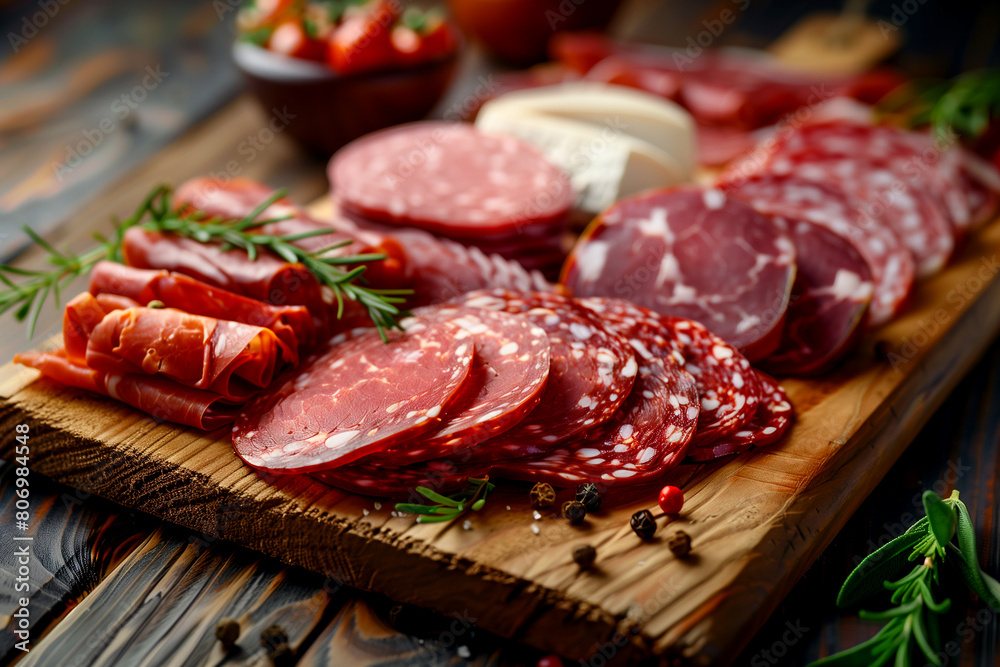 A wooden board with a variety of meats and vegetables on it A wooden board with a variety of meats and vegetables on it