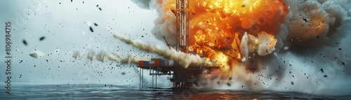 Powerful explosion on an offshore drilling platform, debris flying into the air with the ocean churning below photo