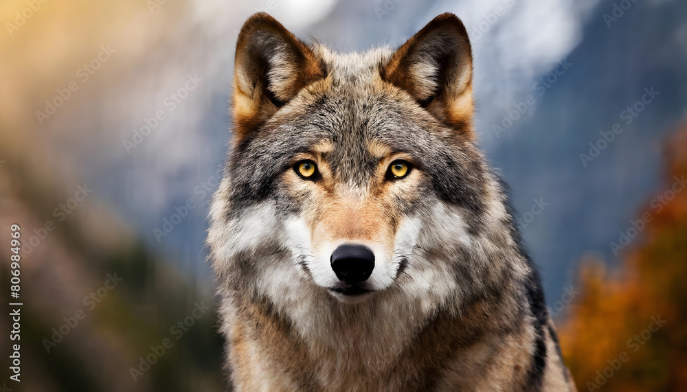Close Up of Wolf With Mountain Background. Generative AI Close Up of Wolf With Mountain Background. Generative AI