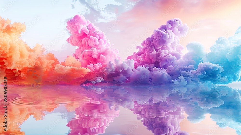 Fototapeta premium Dreamlike vista with floating clouds of colored liquids in pink, orange, blue, and violet.