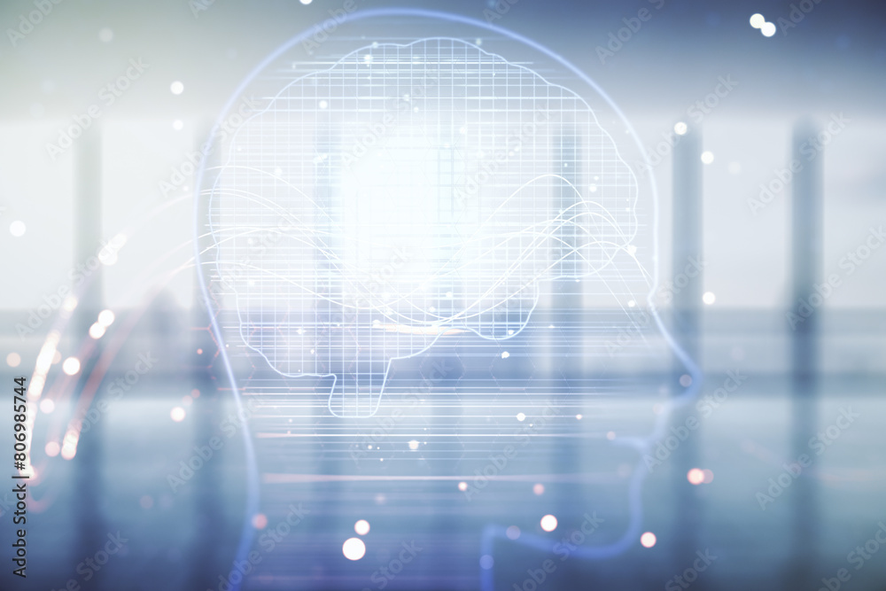 Double exposure of creative artificial Intelligence hologram on empty modern office background. Neural networks and machine learning concept Double exposure of creative artificial Intelligence hologram on empty modern office background. Neural networks and machine learning concept