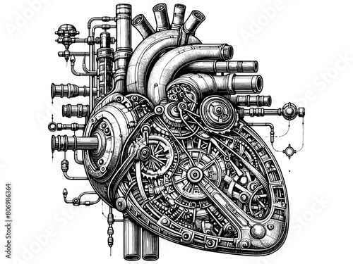 Mechanical robot heart. Sketch board imitation. Vector, generative ai.