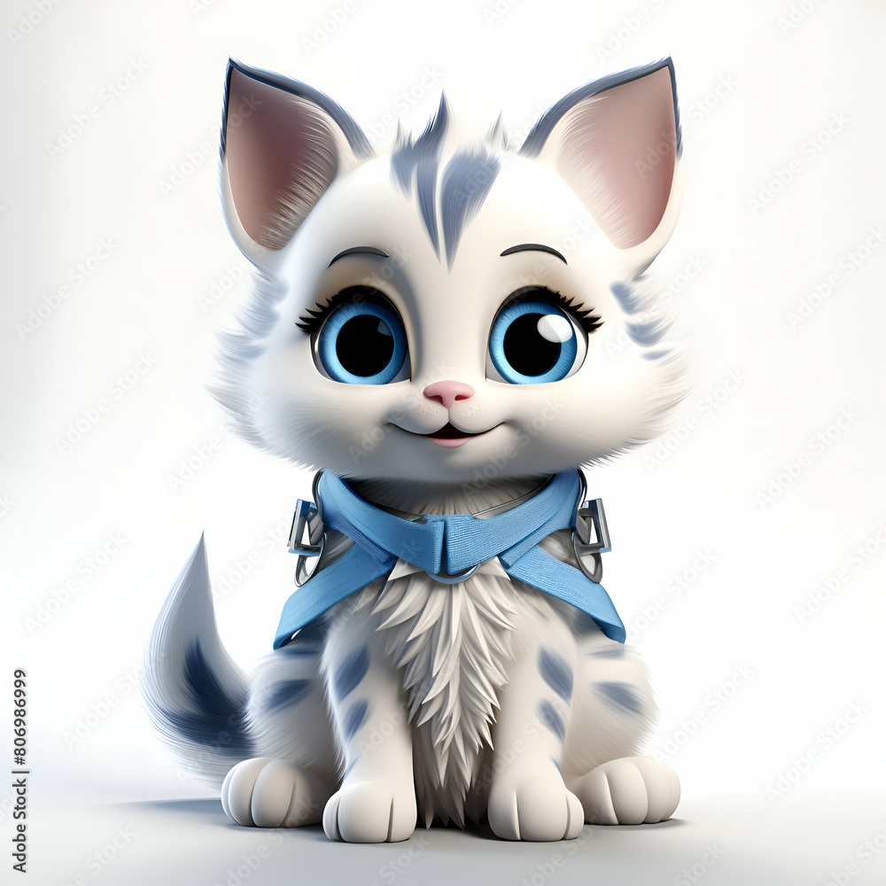 Cute cartoon kitten with blue collar on white background. 3D rendering. Cute cartoon kitten with blue collar on white background. 3D rendering.