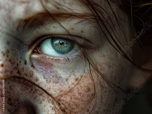 Intense Close-Up of a Young Girl's Eye with Freckles