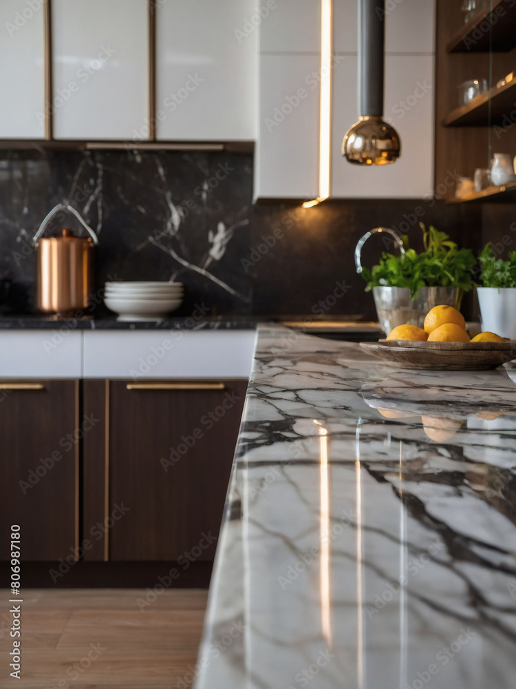 Experience sophistication, with a marble counter tabletop against a subtly blurred kitchen scene, offering an ideal canvas for montage product displays or design concepts.