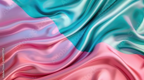 Abstract waves in aquamarine and pink hues on a background mimicking shimmering silk fabric.