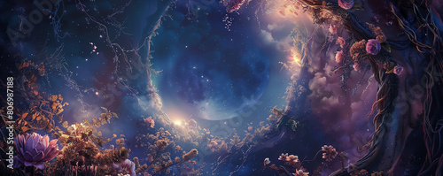 Reimagine flora through a surreal lens, where enchanted vines twist skyward and mystical flora blooms beneath a Cosmic Moon Oil painting, ethereal atmosphere photo