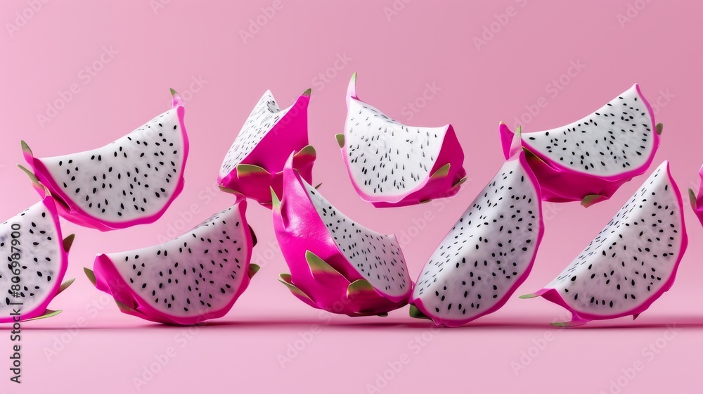 Artistic poster of dragon fruit slices levitating, arranged against a stark background to emphasize the vibrant pink and white colors Artistic poster of dragon fruit slices levitating, arranged against a stark background to emphasize the vibrant pink and white colors