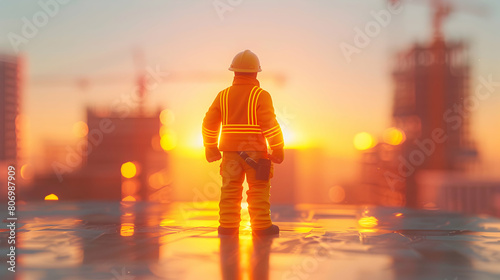 3D Flat Icon: Construction Worker Starting the Day at Sunrise Isometric Scene of Hard Labor and Craftsmanship Commitment