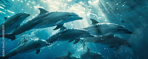 Transport viewers to a serene underwater world with a Robotic Wildlife Photographer capturing a pod of dolphins Illustrate the interplay of technology and nature in a seamless blen