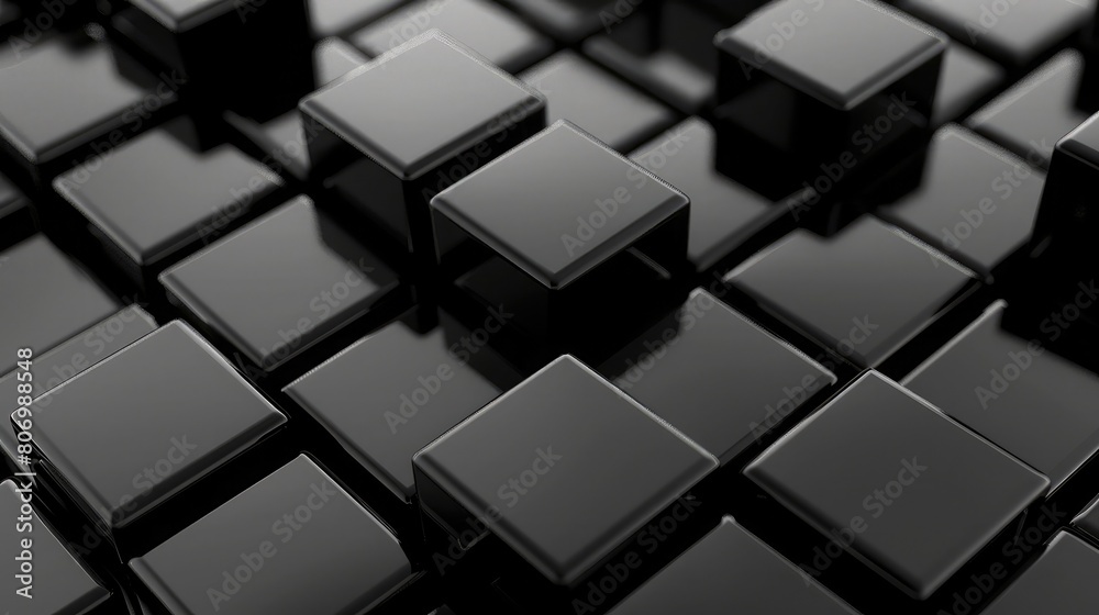 Shiny black cubes on a deep gray block background, exuding elegance and sophistication.